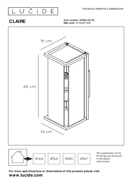 Lucide CLAIRE - Wandleuchte Innen/Außen - 2xE27 - IP54 - Anthrazit - TECHNISCH